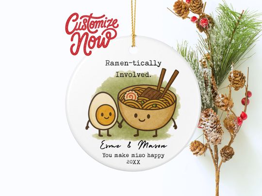 Discover Personalized Ramen and Egg Ornament: Custom Names Saying and Year, Funny Foodie Couple Christmas Gift, Ceramic One Sided Ornament