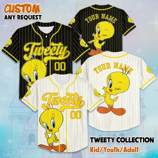 Personalized Tweety Baseball Jersey, Custom Looney Tunes Shirt, Tweety Bird Jersey Outfit, Matching Family Shirt, Cartoon Fan Gift
