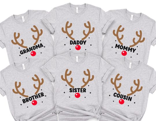 Family Matching Christmas custom shirts, Red Glitter Nose Reindeer, Personalized Festive Rose Gold Antlers,  Custom Christmas Shirt