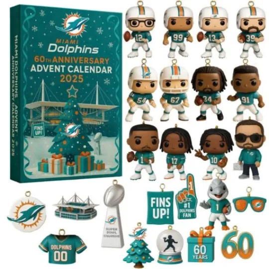 Miami Dolphins 2D Flat Advent Calendar, Aqua & Orange Holiday Countdown
