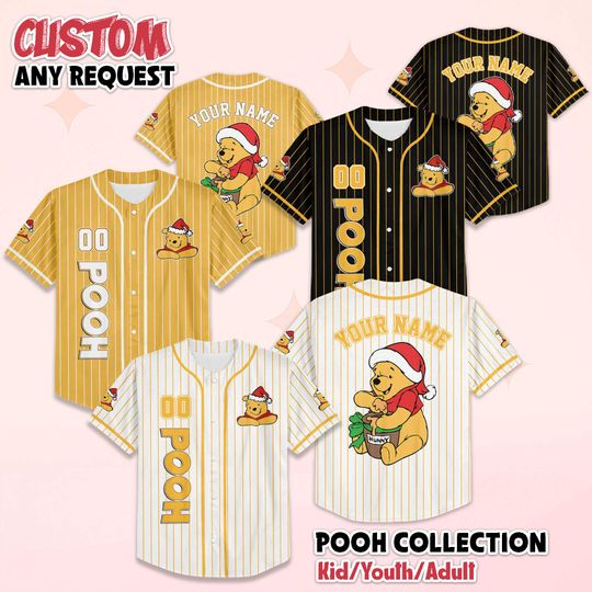 Discover Personalized Winnie the Pooh Christmas Baseball Jersey, Custom Disney Pooh Shirt, Matching Disney Trip Outfit