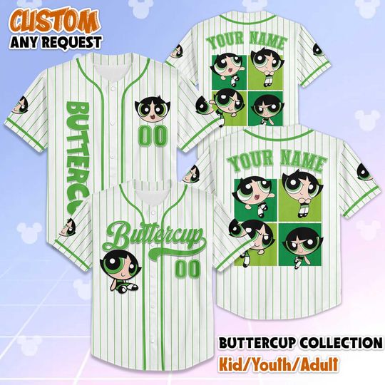 Discover Personalized Buttercup Baseball Jersey, Custom Powerpuff Girls Shirt, Cool Cartoon Team Outfit, Matching Family Tee, Unique Gift for Fans