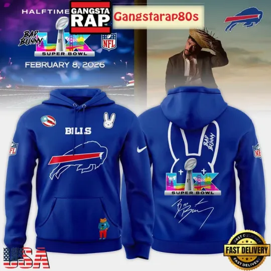 Discover Buff@lo B!lls B@d Bunny 2026 Super Bowl LX Hoodie Unisex, Gift For Fans, Christmas Gift