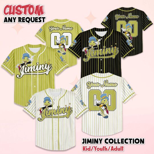 Discover Personalized Jiminy Cricket Baseball Jersey, Custom Disney Pinocchio Shirt, Matching Family Outfit, Disneyland Baseball Team Outfit