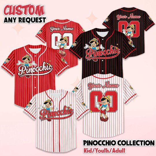 Discover Personalized Pinocchio Baseball Jersey, Custom Disney Pinocchio Shirt, Matching Disney Trip Outfit, Disney Birthday Gift