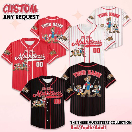 Discover Personalized The Three Musketeers Baseball Jersey, Disney Mickey Donald Goofy Jersey Shirt, Family Matching Outfit, Birthday Gift