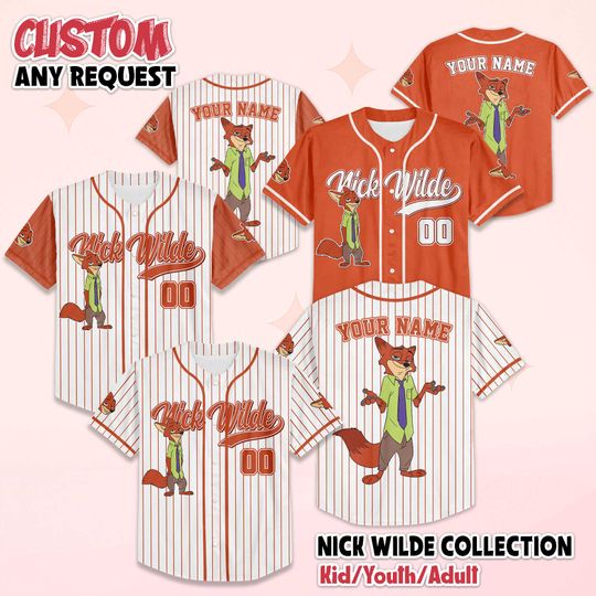 Discover Personalized Nick Wilde Zootopia Baseball Jersey, Custom Disney Zootopia Shirt, Disney Baseball Outfit, Unique Gift for Fans