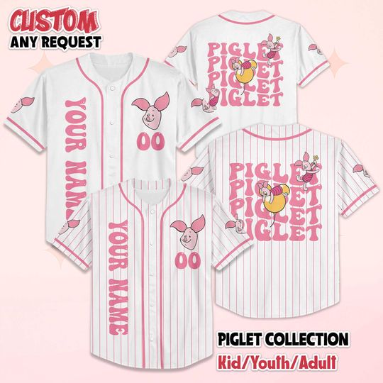 Discover Personalized Piglet Baseball Jersey, Custom Winnie the Pooh Shirt, Cartoon Team Outfit, Disneyland Vacation Tee, Birthday Gift for Fans
