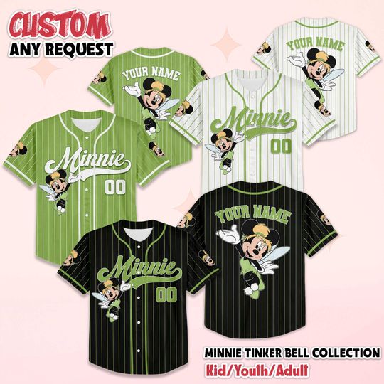 Discover Personalized Minnie Tinker Bell Baseball Jersey, Custom Minnie Mouse Baseball Shirt, Matching Disney Trip Outfit, Disney Birthday Gift