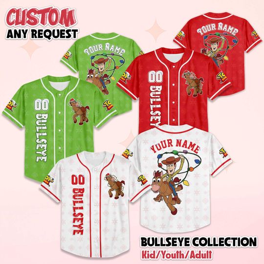 Discover Personalized Bullseye Christmas Baseball Jersey, Custom Toy Story Baseball Shirt, Bullseye Fan, Family Matching Outfit