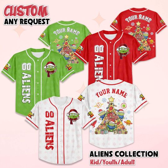 Discover Personalized Little Green Aliens Christmas Baseball Jersey, Custom Toy Story Jersey, Little Green Aliens Shirt, Family Matching Outfit