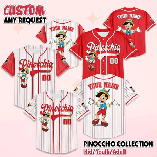 Discover Personalized Pinocchio Baseball Jersey, Custom Disney Pinocchio Shirt, Matching Family Outfit, Disneyland Baseball Team Outfit