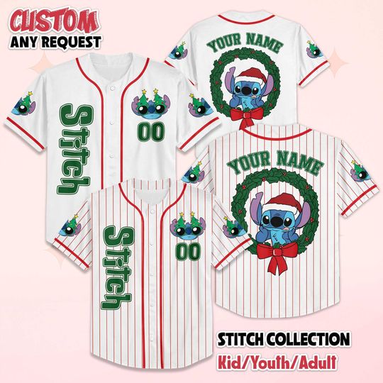 Discover Stitch Christmas Baseball Jersey, Personalized Disney Xmas Shirt, Disney Lilo & Stitch Jersey, Family Matching Outfit, Gift For Fans