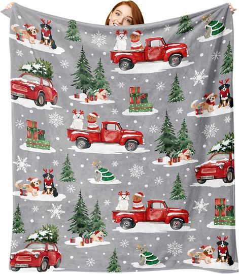Discover Christmas Truck Fleece Blanket with Snowflakes and Xmas Tree Design, Gray Throw for Kids and Adults
