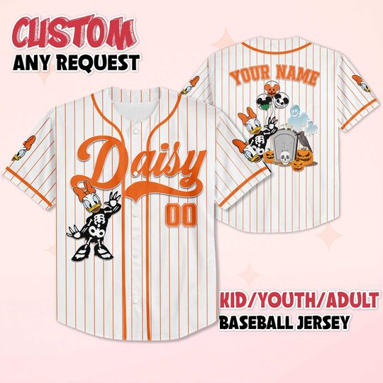 Discover Personalized Daisy Duck Skeleton Baseball Jersey, Custom Disney Daisy Duck Shirt, Disney Baseball Team Outfit, Halloween Gift