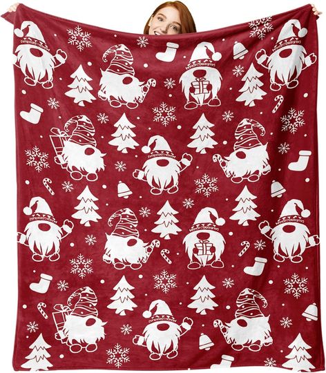Discover Christmas Gnome Fleece Blanket, Red Flannel Throw, Snowflake and Tree Design