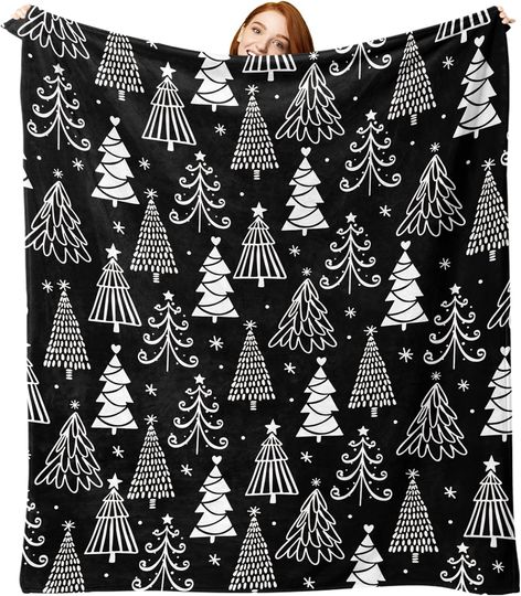 Discover Black Christmas Tree Fleece Throw Blanket, Xmas Pine Snowflake Pattern, Winter Holiday Soft Blanket for Bedding and Sofa