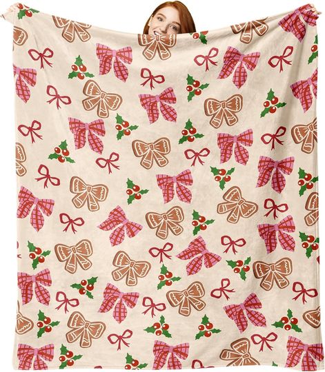 Discover Pink Christmas Bow Fleece Blanket for Holiday, Sofa & Bedding