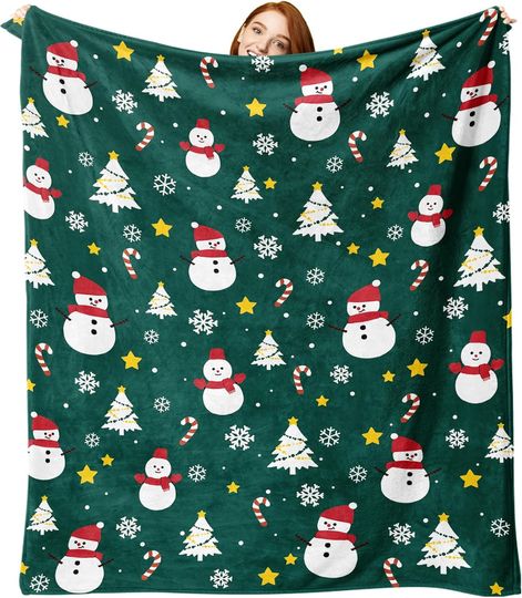 Discover Green Christmas Snowman Flannel Blanket, Xmas Tree Snowflake Candy Cane Stars, Winter Holiday Soft Throw for Bedding & Sofa