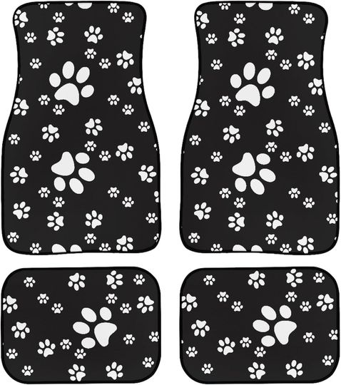 Discover Set of 4 Car Floor Mats with Paw Print Design, Non-Slip Front and Rear Rugs, White Dog Footprints on Black