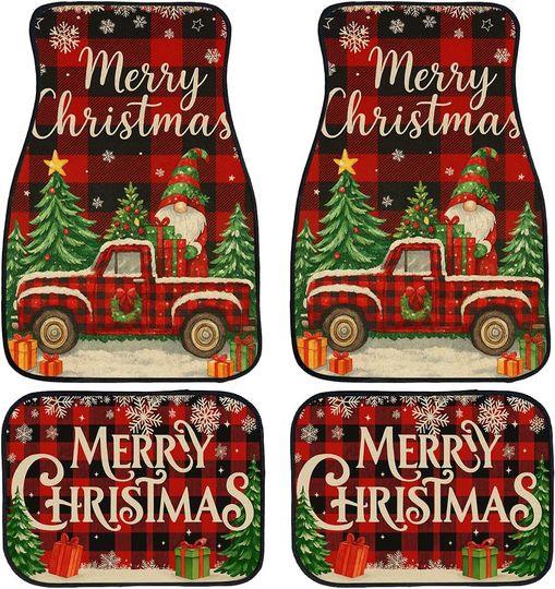 Discover Christmas Car Floor Mats Set of 4, Red Plaid Truck Santa Tree Automotive Foot Rugs for Front and Back