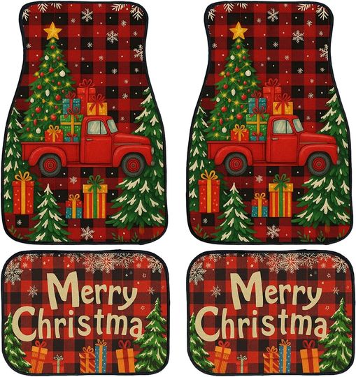 Christmas Car Floor Mats Set with Red Truck Tree Snowflake Plaid Design for Front and Rear, Non-Slip Auto Interior Decor