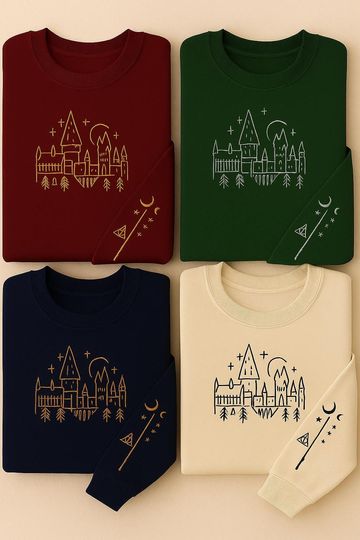 Discover Embroidered Wizard House Sweatshirt  Personalized Witchcore Magic Castle Crewneck  School of Witchcraft and Wizardry