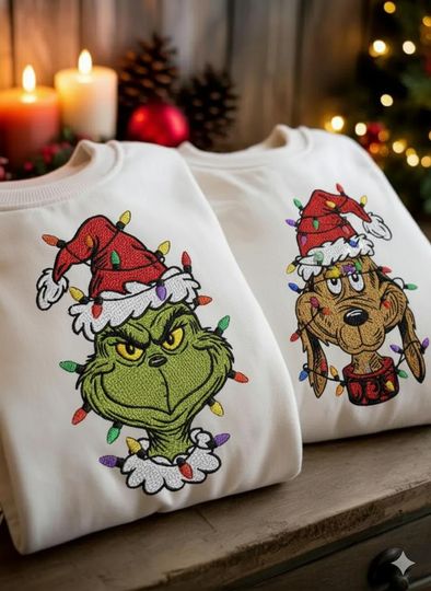 Discover funny character & Max Christmas Lights Embroidered Sweatshirt, Grin Holiday Sweater, Family Matching Top, funny character Christmas Sweatshirt ESE832-833