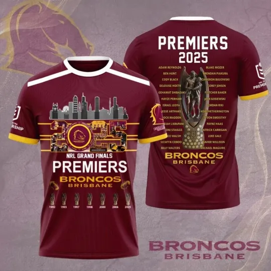 Discover Brisbane Broncos 2025 Premiers 3D Apparel Shirt