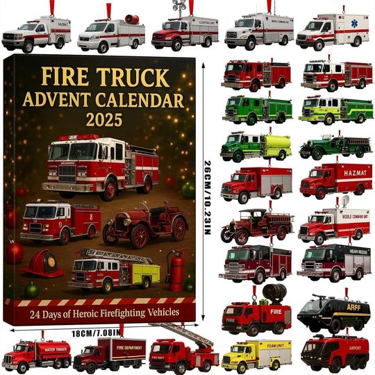Discover Fire Truck Advent Calendar 2025, 24 Mini Firefighting Vehicle Ornaments, Kids Xmas Countdown Gift, Rescue Truck Holiday Decor