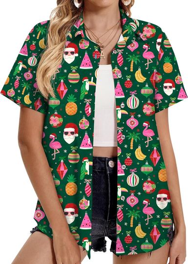 Discover Women’s Hawaiian Shirt Tropical Floral Button-Down Blouse Short Sleeve Summer Beach