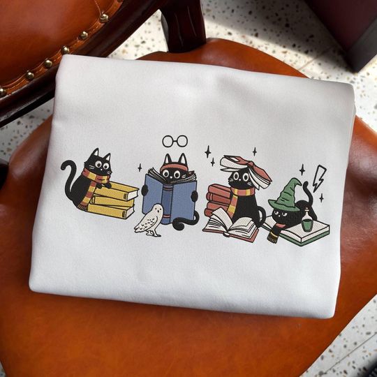 Discover Wizard Cats Reading Embroidered Sweatshirt, HP Shirt, Magical Cat School Tee, Fantasy Bookish Gift ESH5811