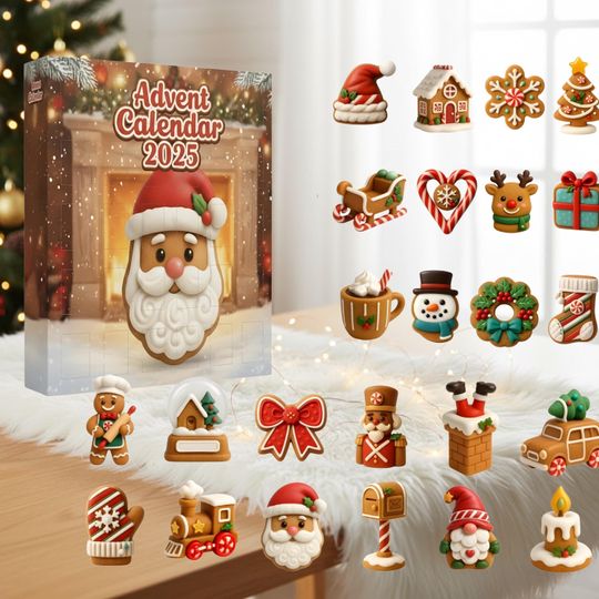 Discover Santa Advent Calendar 2025, 24 Day Christmas Countdown Box with Holiday Cookie Charms Figurines, Gifts for Kids Family Room Xmas Decor