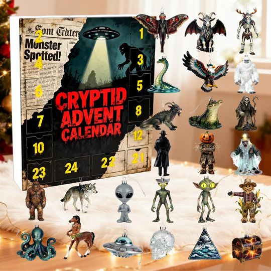 Discover Cryptid Advent Calendar 2025, 24 Days of Mystery an Monsters, Cryptozoology Christmas Ornaments for Monster Hunters and Fans