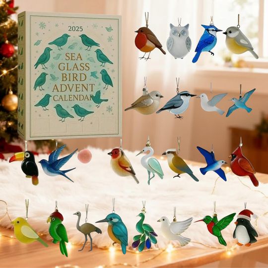 Sea Glass Bird Advent Calendar 2025 with 24 Hanging Ornaments, Countdown Christmas Gift for Bird Lovers, Tree Decor, Holiday Display