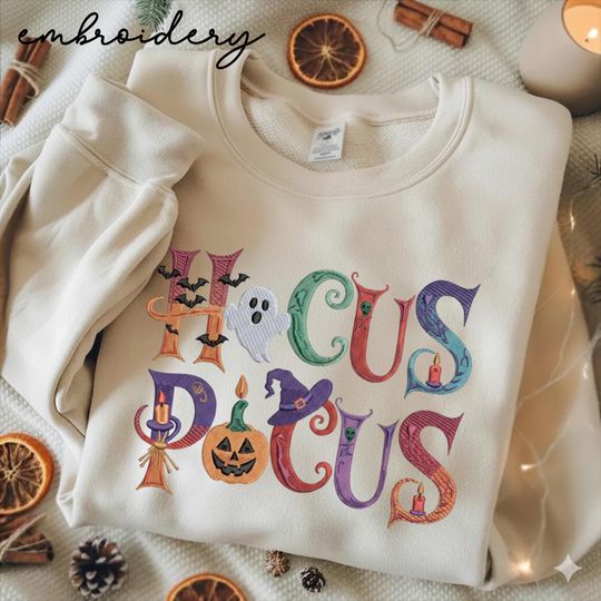 Embroidered Hocus Pocus Sweatshirt: Halloween Witch Crew Neck, Unisex Shirt ,It's Just A Bunch of Hocus Pocus Embroidered shirt
