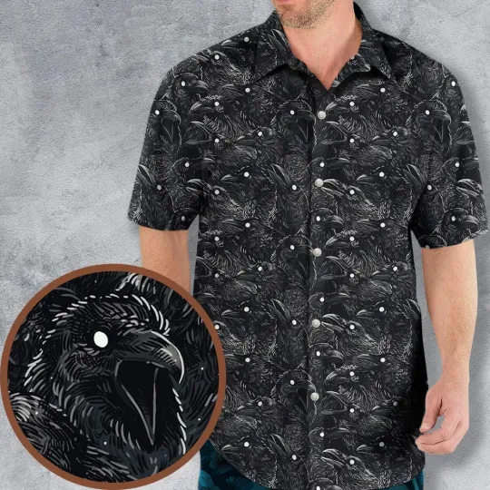 Discover Black Raven Pattern Hawaiian Shirt