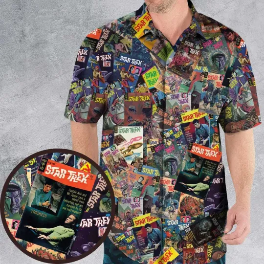 Vintage 1970s Star Tre*k Comic Books Collage Hawaiian Shirt