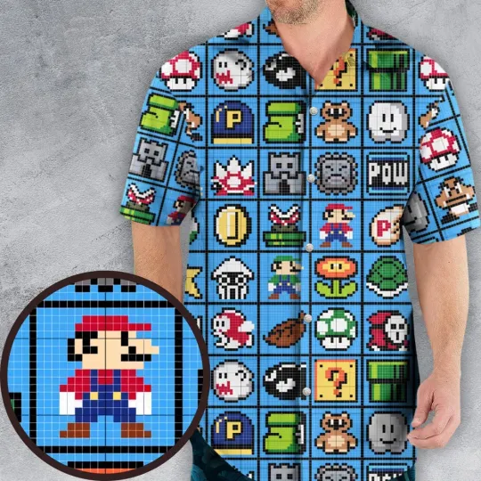Discover Mario Pixel Super Mari0 Pattern Hawaiian Shirt