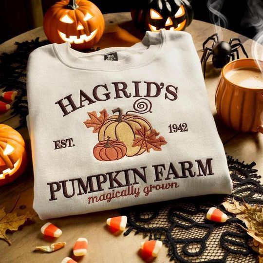 Discover Pumpkin Farm Halloween Embroidered Sweatshirt, Vintage Halloween Shirt, Hagrid Sweatshirt, Autumn Pumpkin Patch Hoodie, Fall Cozy Shirt