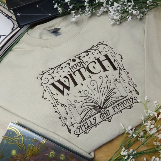 Discover Book Witch Spells and Potions, Witches Magic Grimmoir - Embroidered Bookish sweatshirt, gift reader, magical, bookish, Halloween embroidery