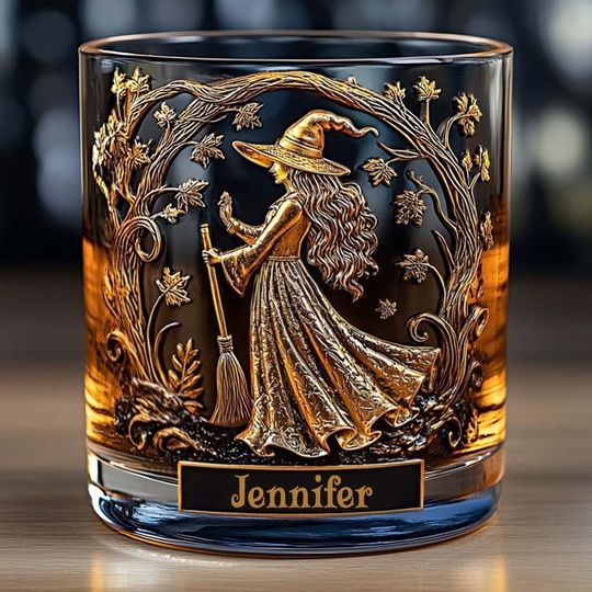 Personalized Witch Whiskey Glass with Gold Details, Custom Name Crystal Tumbler, Vintage Witchcraft Barware