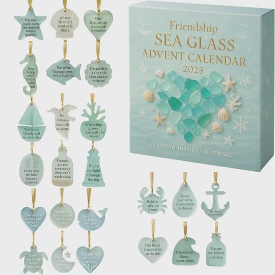 Discover Friendship Sea Glass Advent Calendar 2025, 24 Ocean Inspired Surprises, Coastal Gift with Friendship Quotes for Her