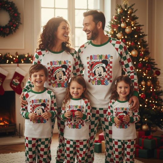 Discover Custom Mickey Santa Raglan Pajama Set with Christmas Lights and Birthday Vibes