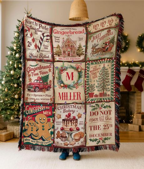 Discover Personalized Christmas Family Blanket : Last Name Woven Blanket for Holiday Season, Old Fashioned Xmas
