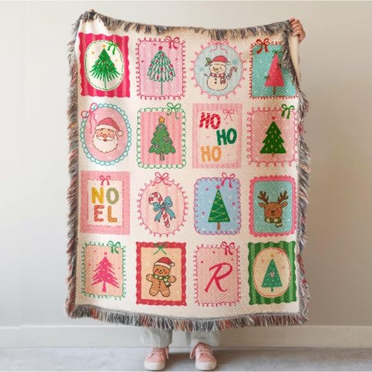 Personalized Pink Coquette Christmas Woven Blanket: Preppy Festive Holiday