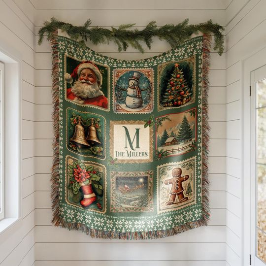 Discover Customized Christmas Stamp Woven Blanket, Custom Family Last Name Throw, Old Fashioned Holiday Gift, Vintage Santa Snowman Keepsake