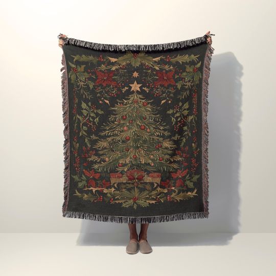 Traditional Christmas Tree Woven Blanket, Vintage Holiday Wall Hanging, Festive Xmas Tapestry, Cozy Living Room Decoration, Winter Gift Idea