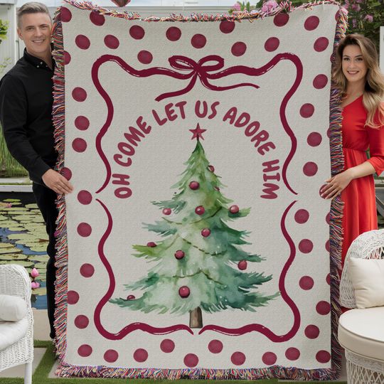 Christian Christmas Woven Blanket, Oh Come Let Us Adore Him Holiday Song Decor, Christmas Tree Couch, Godly Home, Family Gift