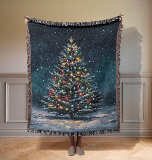 Discover Christmas Tree 100% Cotton Woven Blanket, Holiday Season Decor Throw Blanket, Family Christmas Gift Tapestry Blanket, Winter Snowy Night Art